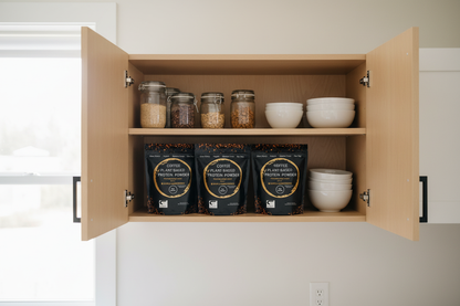 Coffee Protein Bundle - 3 Bags in Kitchen Cabinet