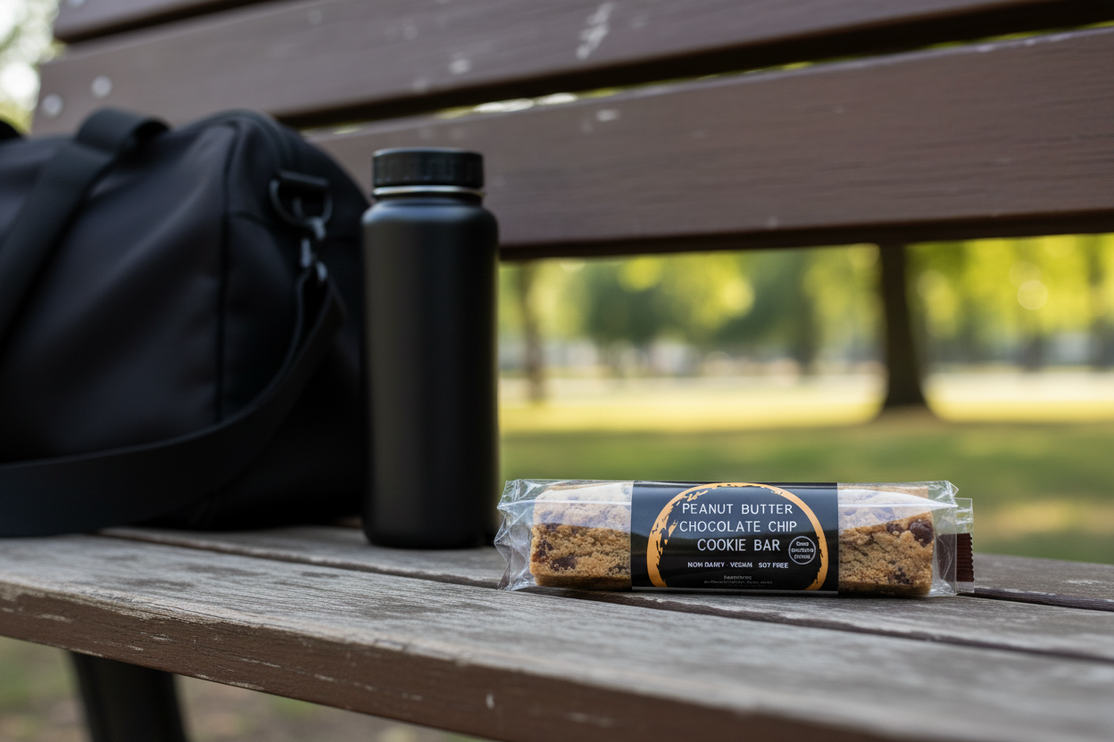 Cookie Bar with Original Label on Park Bench