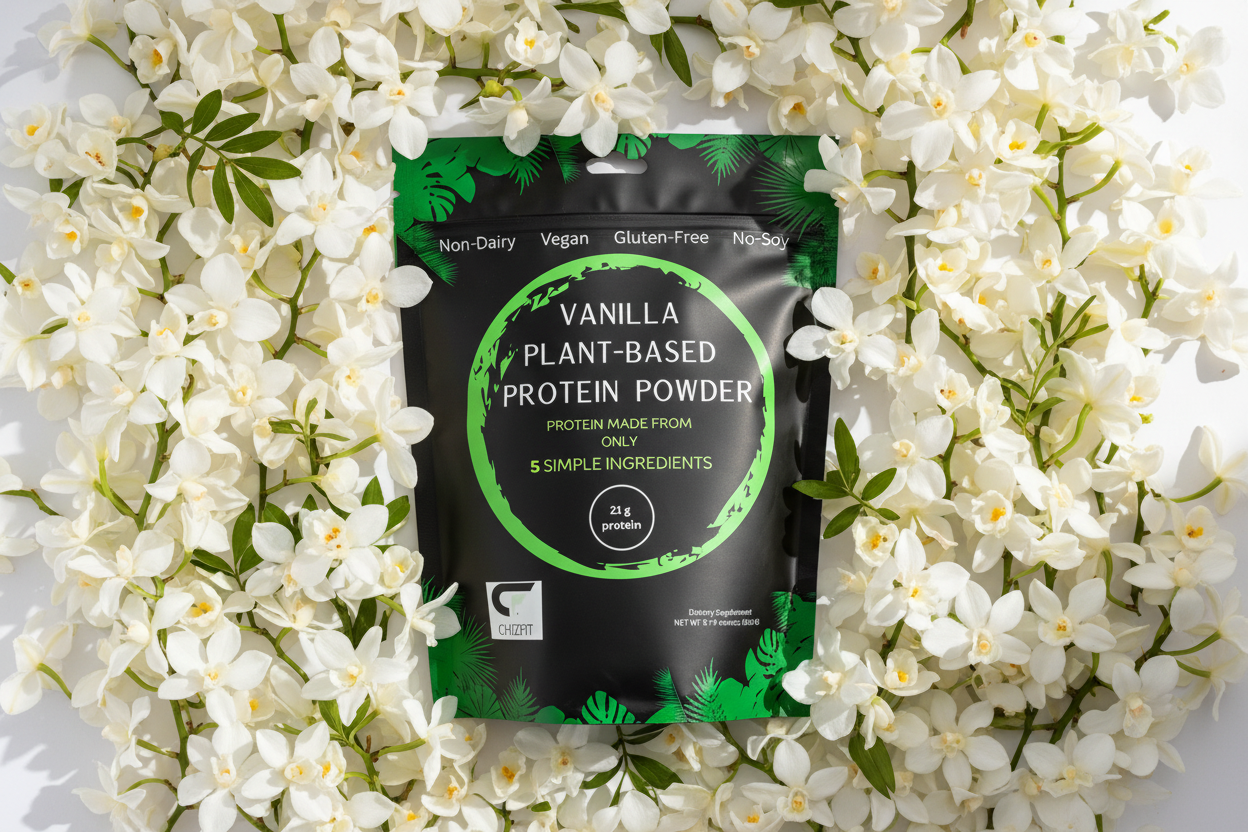 Vanilla Protein - Flat Lay on Vanilla Flowers